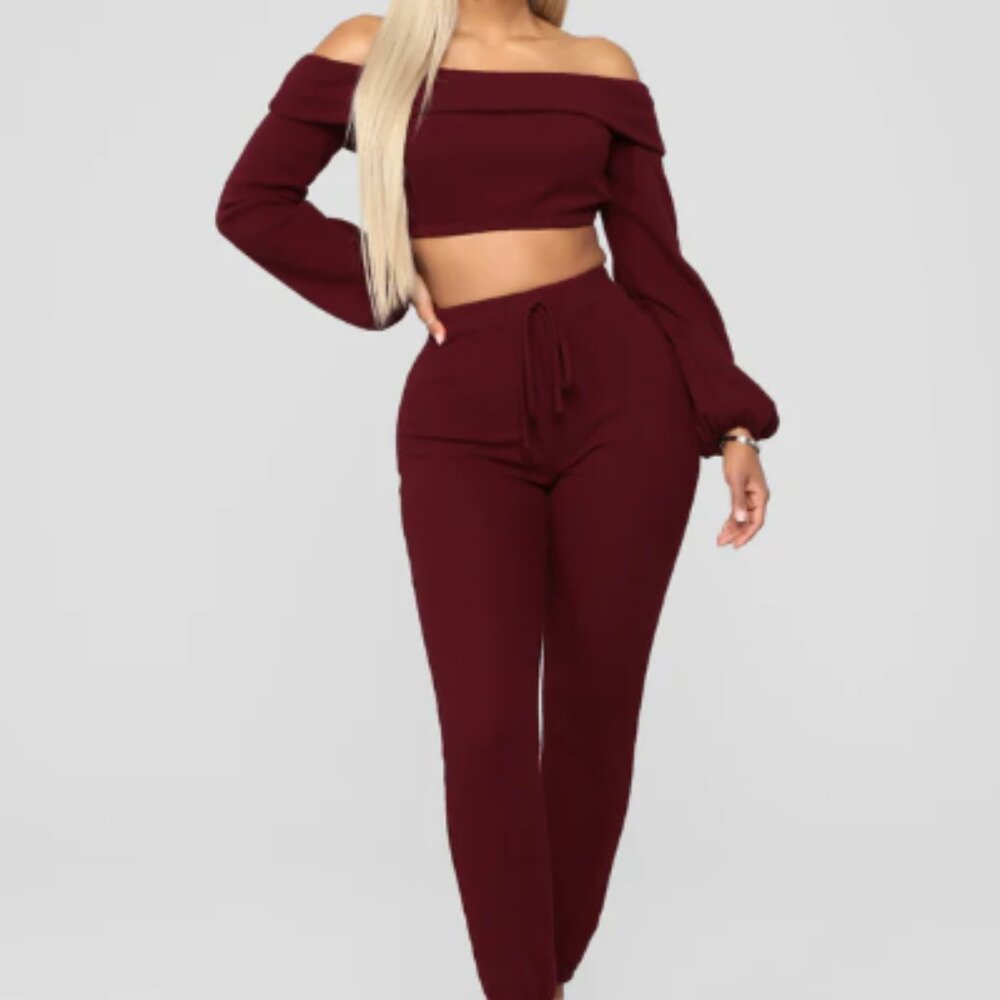 Elegant Off-Shoulder Burgundy Crop Set